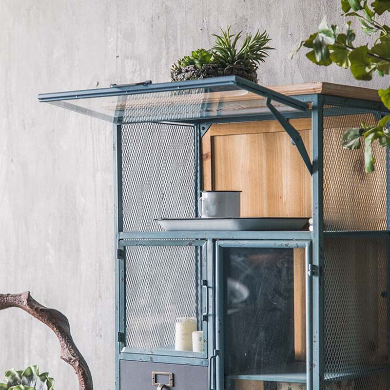 Glass Paned Industrial Cabinet Distressed Metal Accent Cabinet