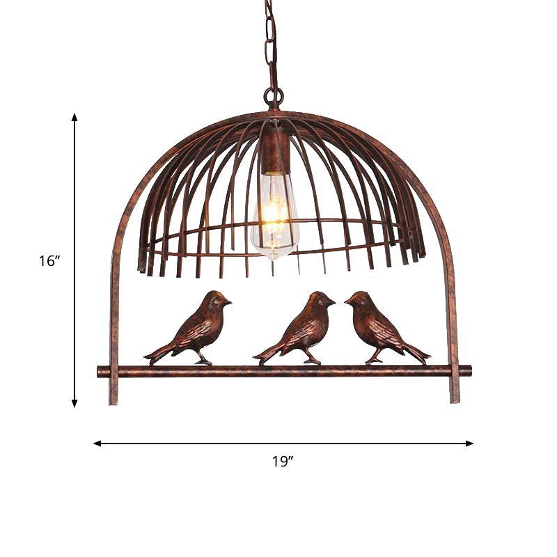 1 Head Wire Dome Hanging Light with Bird Decoration Lodge Style Rust Metal Suspension Lamp