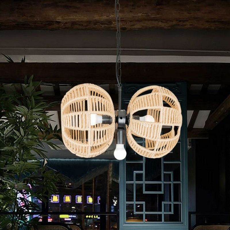 3 luces Doble Melon Suspension Pendse Farmhouse Lámpara de araña de cuerda marrón sobre la mesa