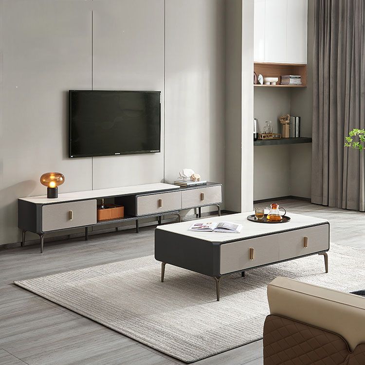 Contemporary TV Stand Console Stone Media Console with 3 Drawers