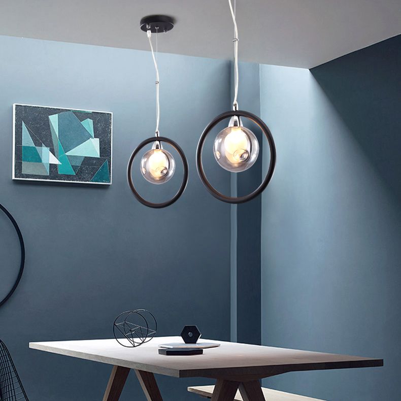 Dimpled Blown Glass Round Pendant Lighting Modern 1/2/3 Lights Led Hanging Ceiling Lamp in Black with Iron Ring