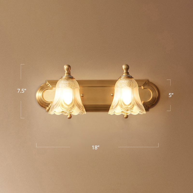 Gold Finish Floral Vanity Lighting Antique Semi-Opaque Glass Bathroom Wall Light Fixture