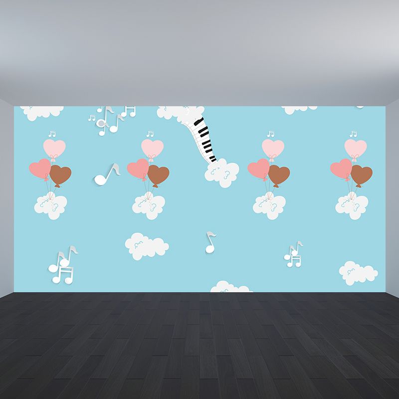 Musical Mural Wallpaper Cartoon Non-Woven Material Wall Decor in Blue for Nursery