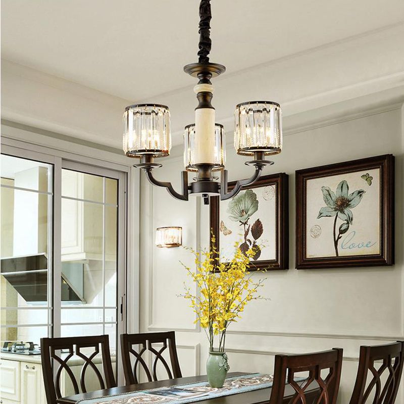 Crystal Cylinder Chandelier Lamp Mid Century 3/6 Bulbs Black Hanging Light Kit with Adjustable Rope