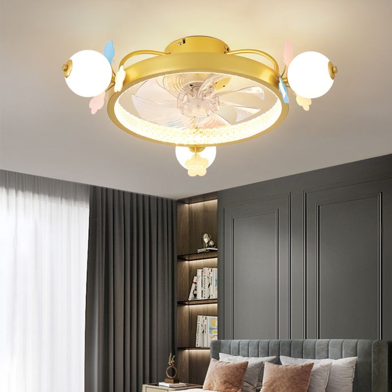 Macaron Circular Ceiling Fan Light Fixture Metal Childrens Bedroom LED Semi Flush Mount