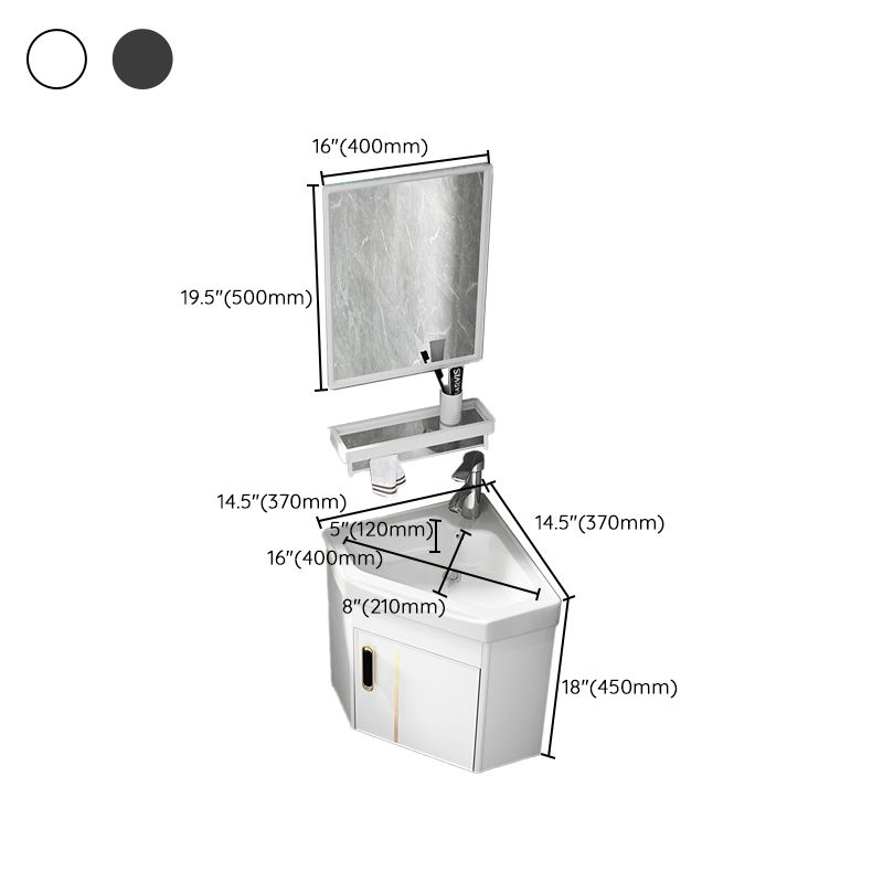 Wall Mounted Corner Vanity Triangular Single Sink Mirror Metal Frame Bath Vanity with Door