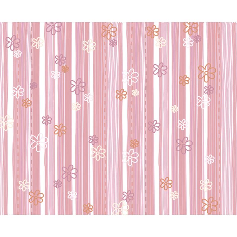 Cartoon Flower Striped Wall Murals Pink Water-Proof Wall Covering for Kids Bedroom