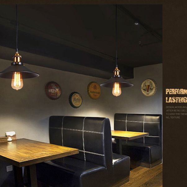 Black 1 Light Pendant Light Industrial Retro Tapered Shade Metal Hanging Lamp  for Dining Room