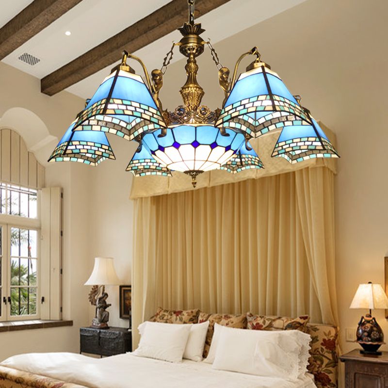 Pyramid Pendant Chandelier 9 Lights  Stained Glass Mediterranean Hanging Fixture in Blue