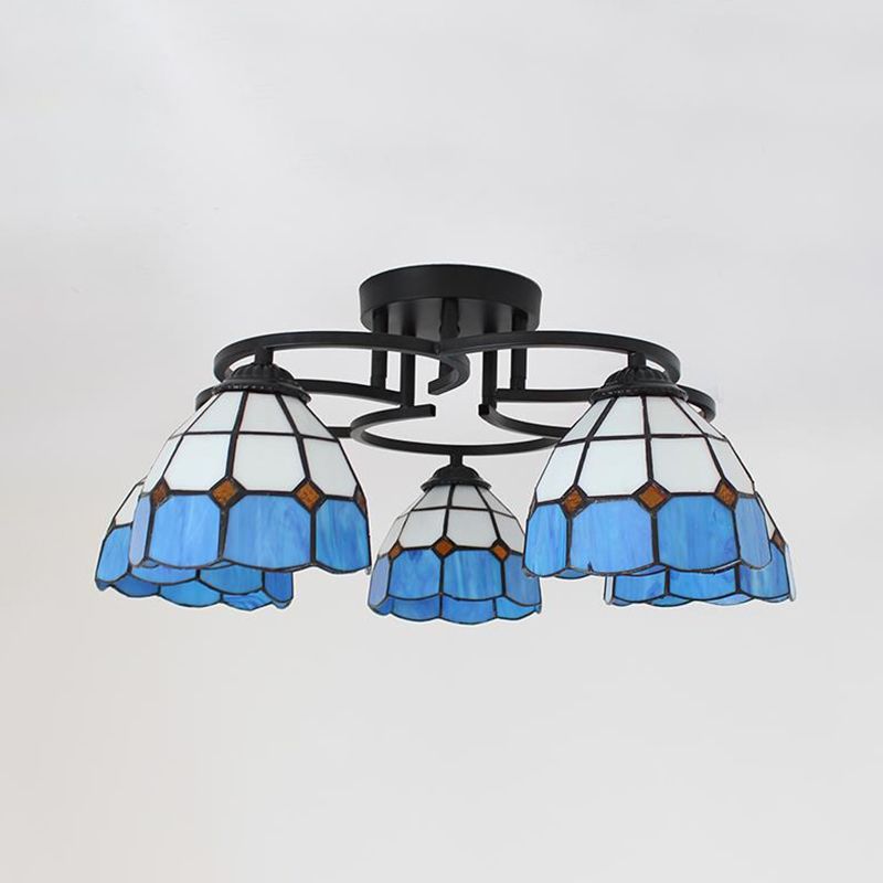 Blau/hellblaues Glas Gitter gemustert halb Flush Leuchte Barock 5 Lichter Schwarze Deckenspülhalterung für Schlafzimmer