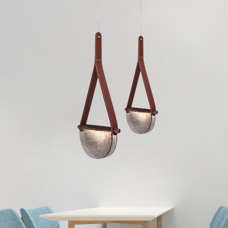 Modernist Raindrop Pendant Light Kit Smoke Grey/Clear/Amber Glass Dining Table LED Hanging Lamp with Brown Leather Strap