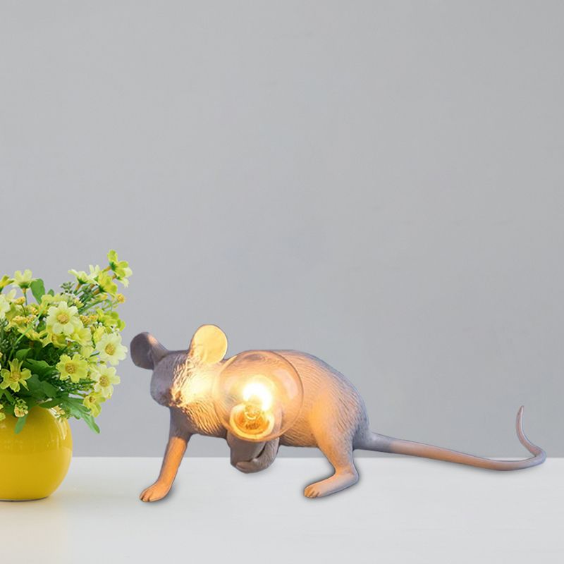 Resin Servant Mouse Night Light Kids Novelty 1 Bulb White Table Lighting for Bedside