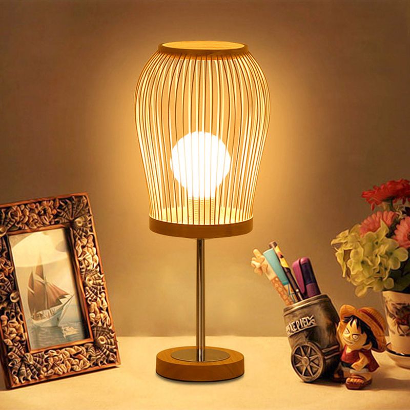 Lantern Task Lighting Chinese Bamboo 1 Bulb Beige Small Desk Lamp for Living Room