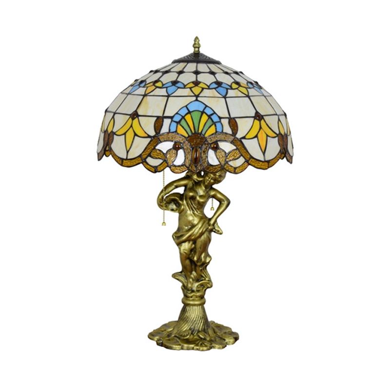 2 Heads Pull Chain Night Light Mediterranean Cone/Dome Beige/Blue-Brown Glass Table Lighting with Bronze Maid Base