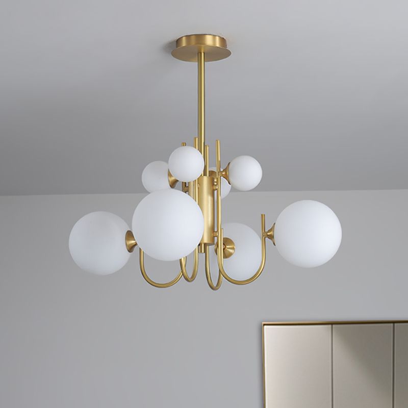 Frosted White Glass Sphere Pendant Light Designer 8 Heads Hanging Chandelier in Brass