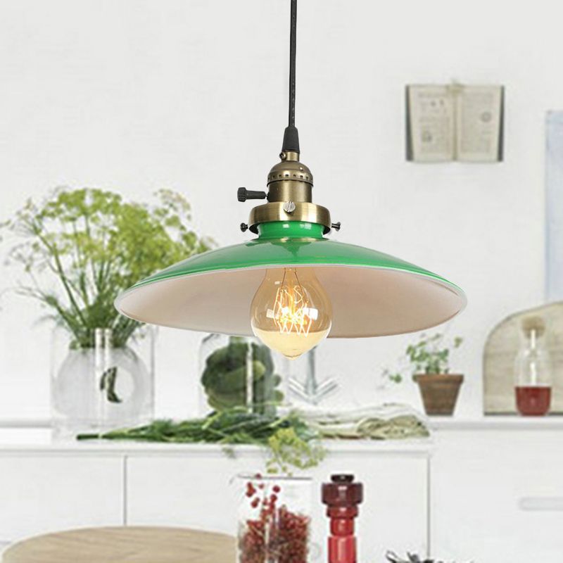 Metallic Saucer Suspended Light Vintage Style 1 Bulb Dining Table Hanging Lamp in Green