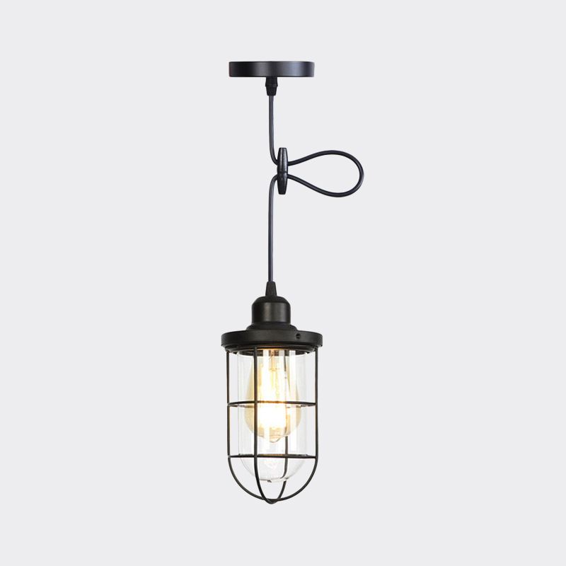 1 Light Hanging Ceiling Light Antiqued Cage Clear Glass Pendant Lamp Fixture in Black with Adjustable Cord