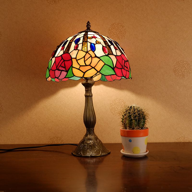 Victorian Style Flower Table Lamp 1 Head Red/Orange Stained Glass Nightstand Light for Bedroom