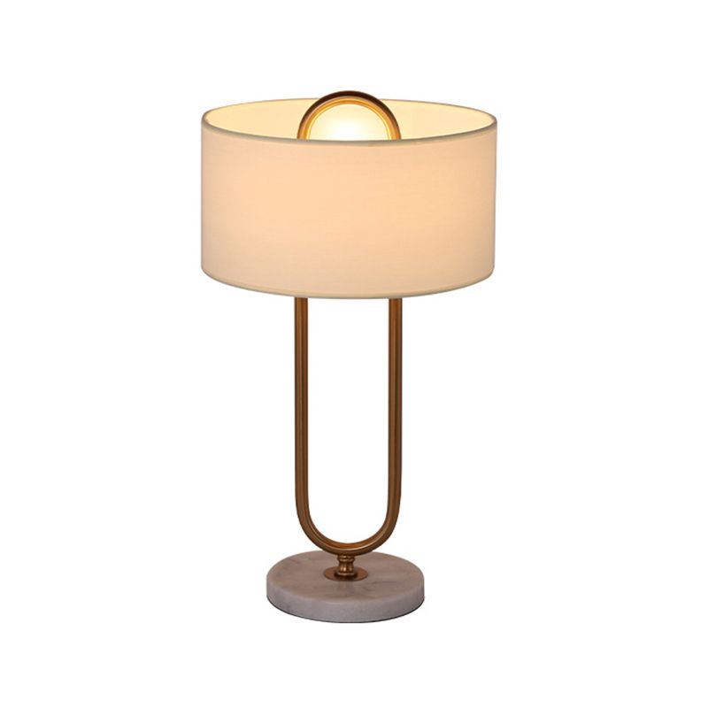 White Drum Night Table Light Minimalist 1 Bulb Fabric Nightstand Lamp with Brass Oval Stand