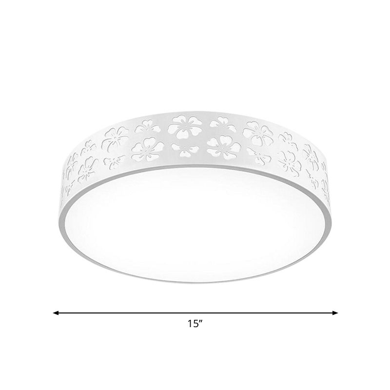 15"/19" Wide Drum Metal Ceiling Lamp Modern White LED Flush Mounted Light with Cutout Flower, White/3 Color Light