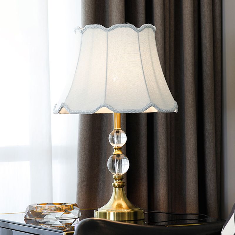 1-Light Living Room Night Lamp Modernism White Crystal Nightstand Light with Bell Fabric Shade