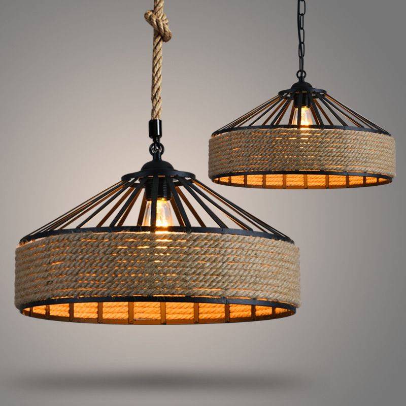 Rope Linen 1-Light Pendant Lamp Drum Vintage Loft Ceiling Fixture for Bar