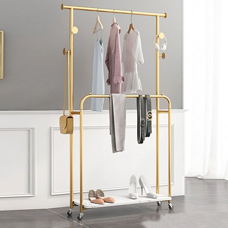 Luxurious Metallic Coat Hanger Free Standing Hooks Design Coat Rack with Universal Wheel