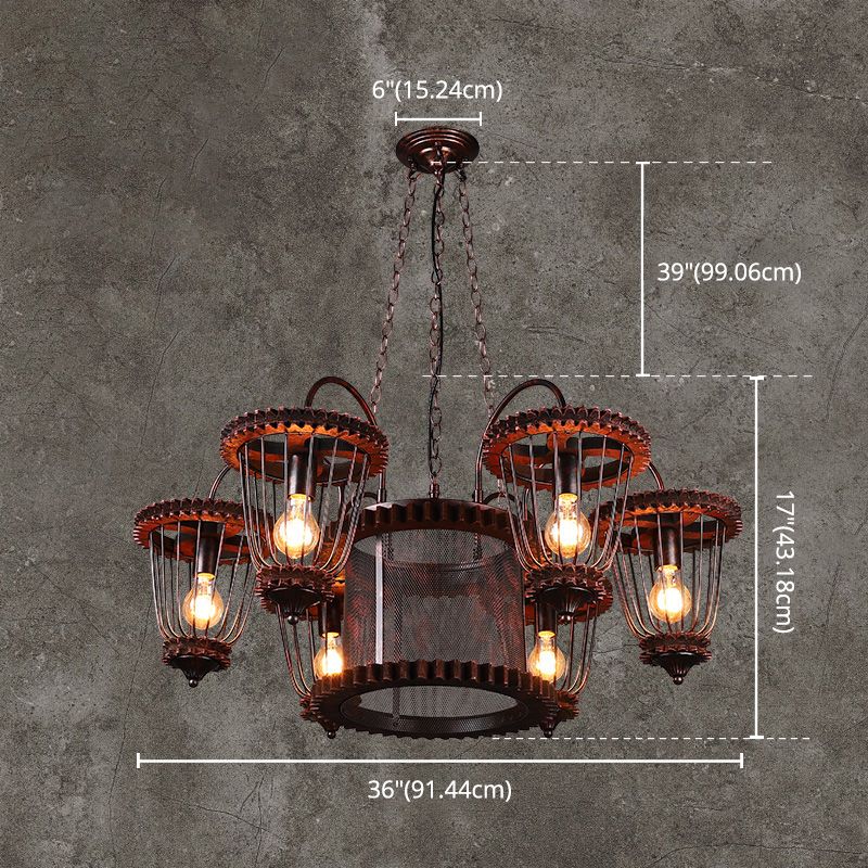 Wrought Iron Large Cage Chandelier Industrial Style Hanging Pendant Light Fixtures in Rust Finish