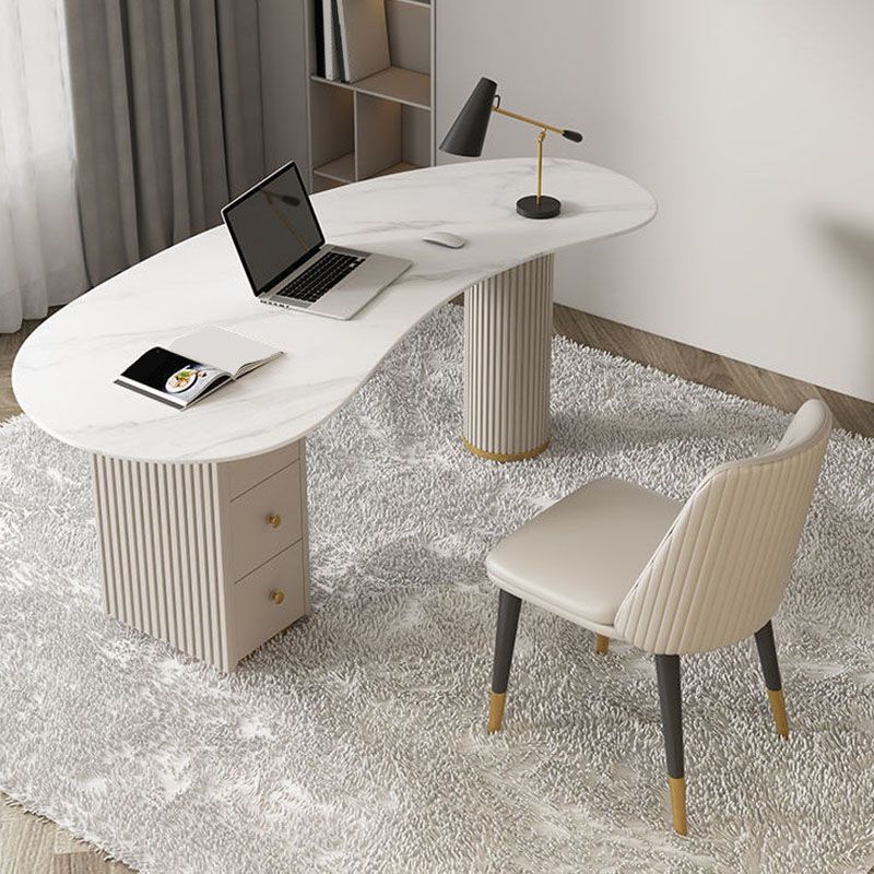 Contemporary Stone Writing Desk Bedroom Office Desk in White with Drawers