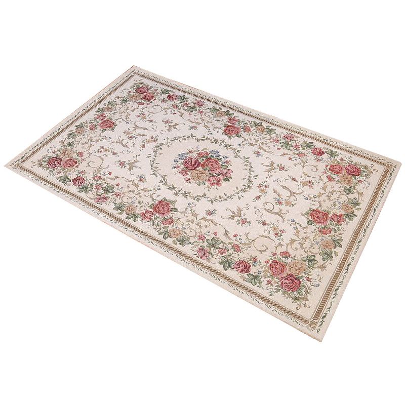 White Tone Victorian Area Carpet Polyester Floral Printed Indoor Rug Anti-Slip Backing Carpet for Living Room