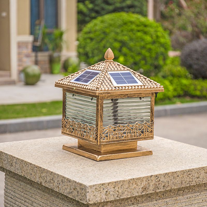 House Aluminum LED Pillar Lamp Rustic Courtyard Solar Post Lighting Fixture with Frosted Acrylic Shade in Bronze