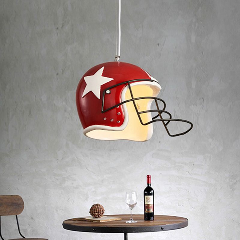 Resin Soccer Helmet Ceiling Pendant Industrial Single Restaurant Suspension Light in Red/White