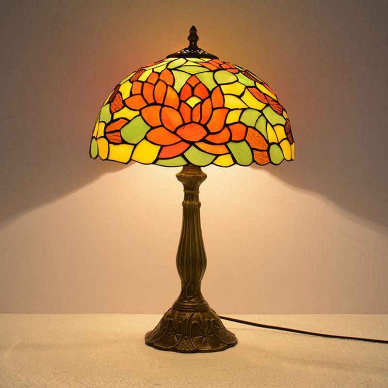 Rose Night Stand Light Tiffany Red/Orange Art Glass Single Bronze Finish Table Lamp for Living Room