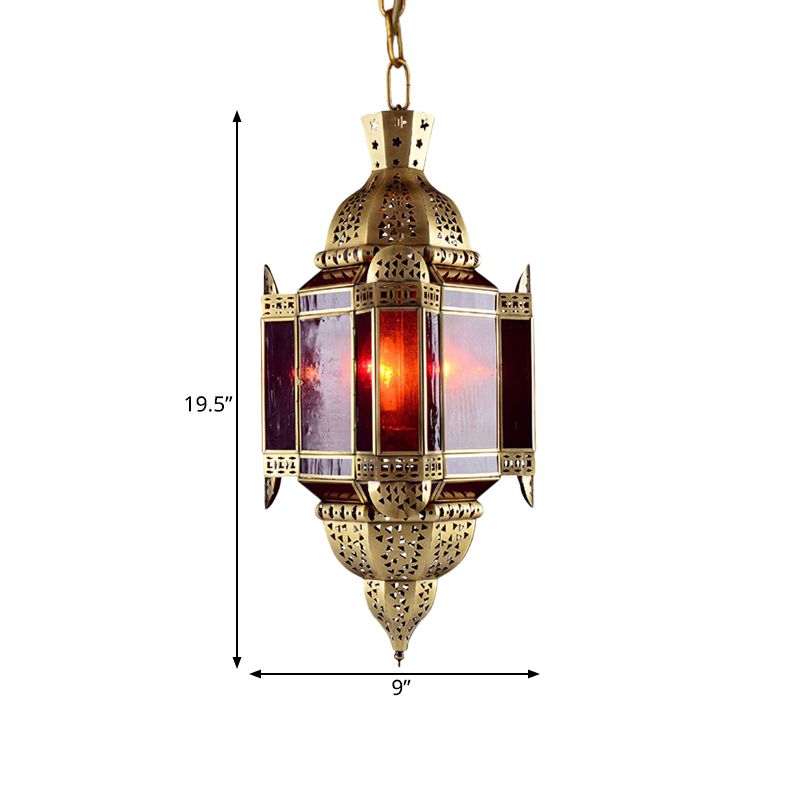 3 cabezas suspensión de vidrio rojo lámpara de colgante de linterna de latón árabe con decoración recortada