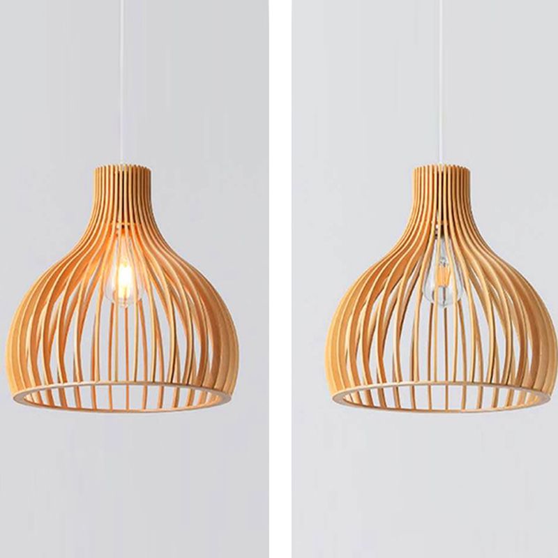 Modern Style Hanging Light Fixture 1-Light Pendant Lamp with Wooden Shade for Bedroom