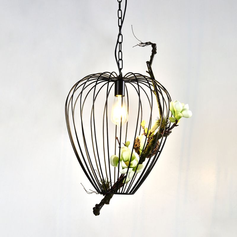 Pear Cage Iron Suspension Lamp Vintage 1 Bulb Study Room Flower Down Lighting Pendant in Black, 15"/18" W