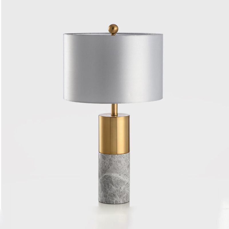 Cylindrical Table Light Minimalist Marble 1-Head Brass and Grey/White Night Lamp with Fabric Lampshade