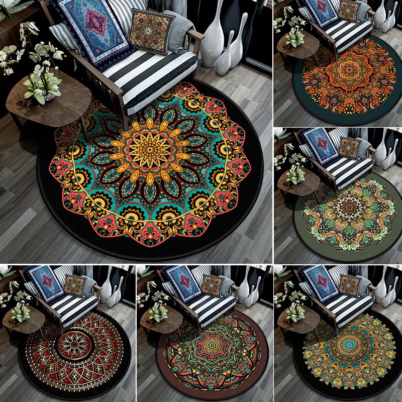 Retro Mandala Indoor Rug Dark Color Moroccan Carpet Polypropylene Non-Slip Pet Friendly Washable Rug for Sitting Room