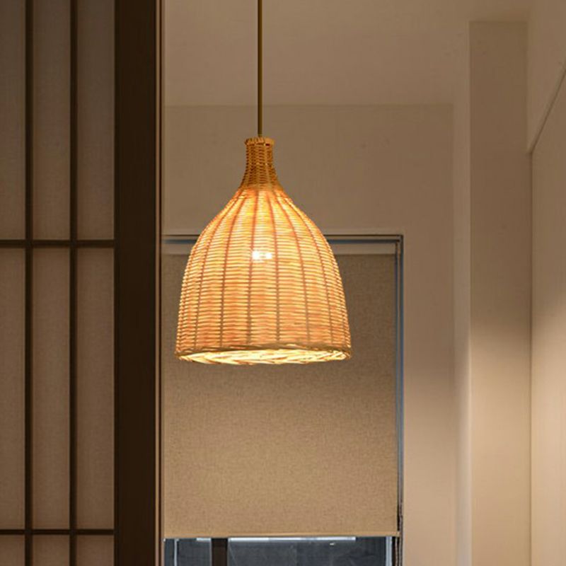 Asia 1 Bulb Down Lighting Pendant Beige Droplet-Like Hanging Lamp with Bamboo Shade