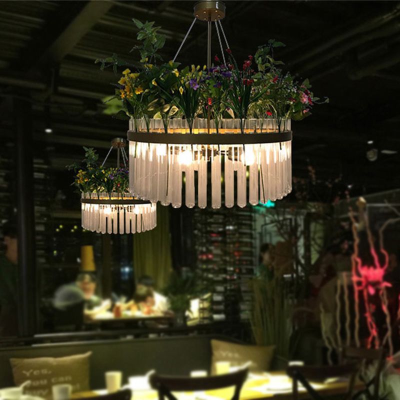 1/2-Tier Restaurant Chandelier Light Industrial Metal 4 Bulbs Green Plant Pendant Lighting Fixture, 19.5"/29.5" W