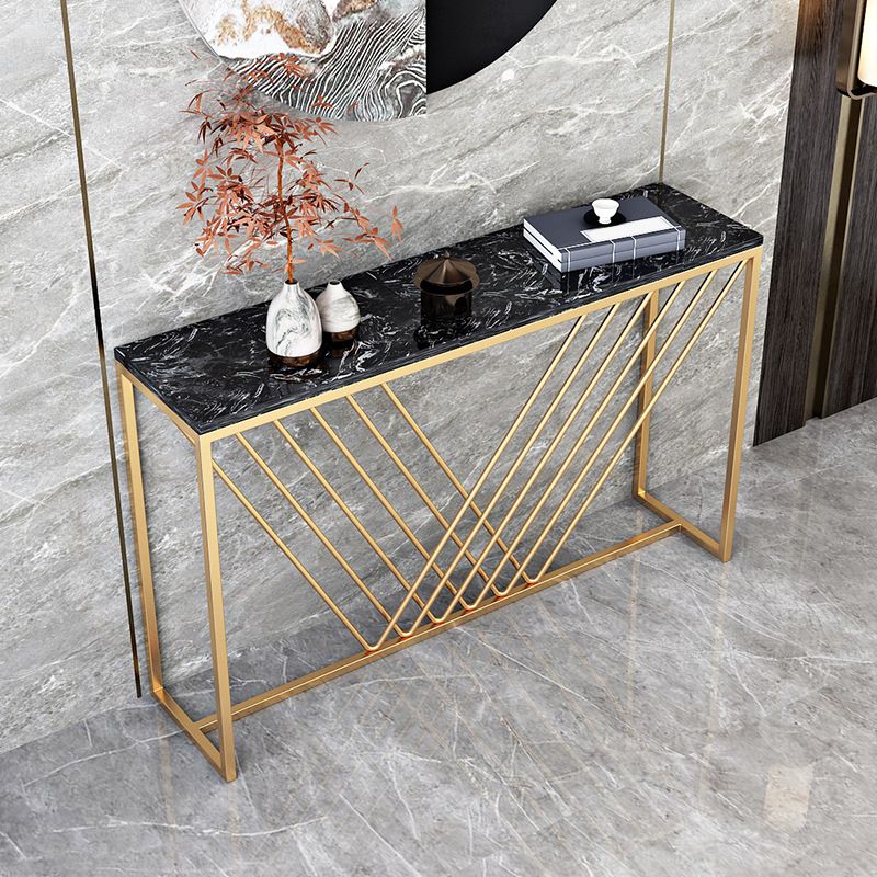 Glam Style Console Table with Rectangle Marble Top and Iron Trestle Base