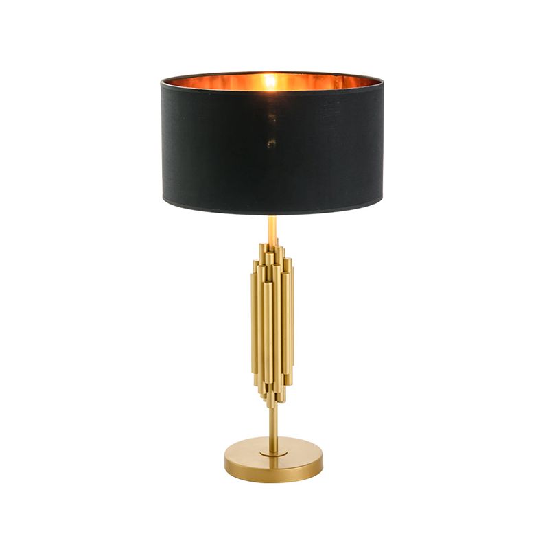 Contemporary Shaded Desk Light Fabric 1 Head Nightstand Lamp in Black with Gold Circular Metal Base