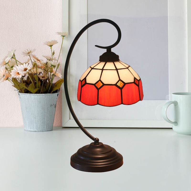 Domed Night Light Tiffany Hand Cut Glass 1 Head Red/Pink Grid Patterned Nightstand Lamp with Curved Arm