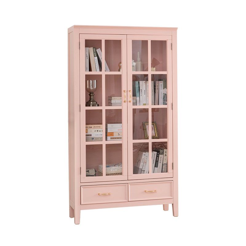 Scandinavian Rubberwood Storage Cabinet Glass Doors Display Cabinet with 2 Drawer