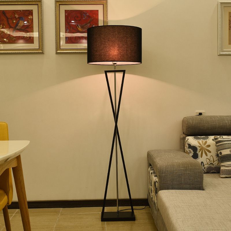 Crossing Line Iron Stand Up Lamp Modern 1 Bulb White/Black/White-Black Reading Floor Lamp with Drum Fabric Shade