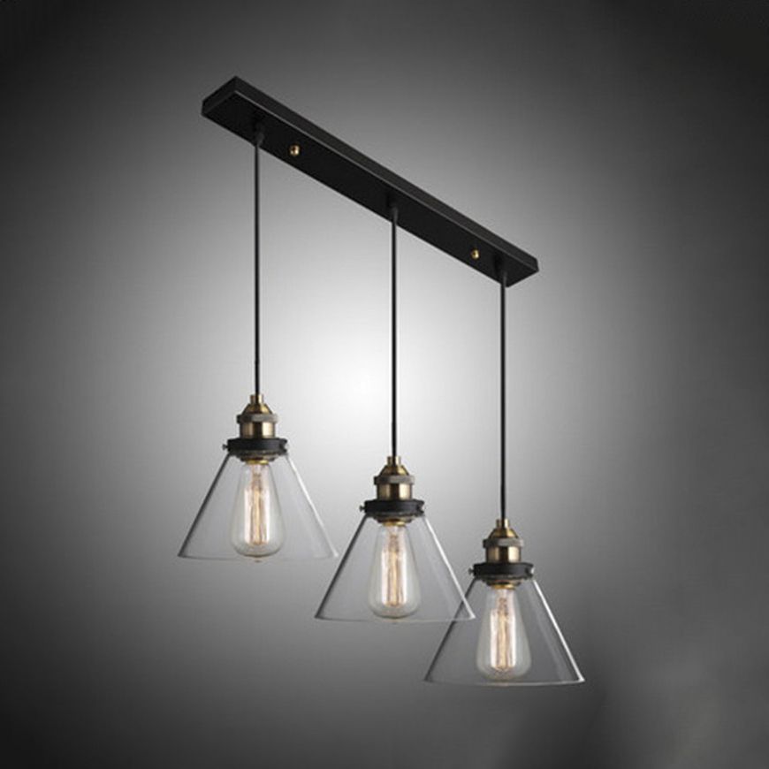 3/4/5-Licht-Multi-Pendelleuchten-Leuchte Vintage-Kegel Clear Glass Hanging Lampe in Schwarz mit linearem Baldachin