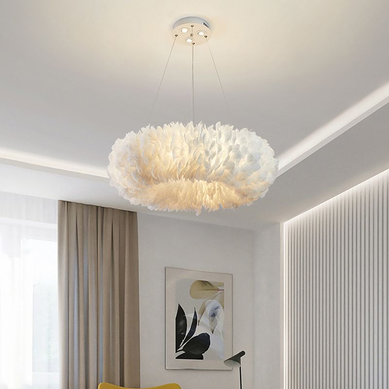 White Feather Chandelier Nordic Style Round Chandelier Pendant for Living Room