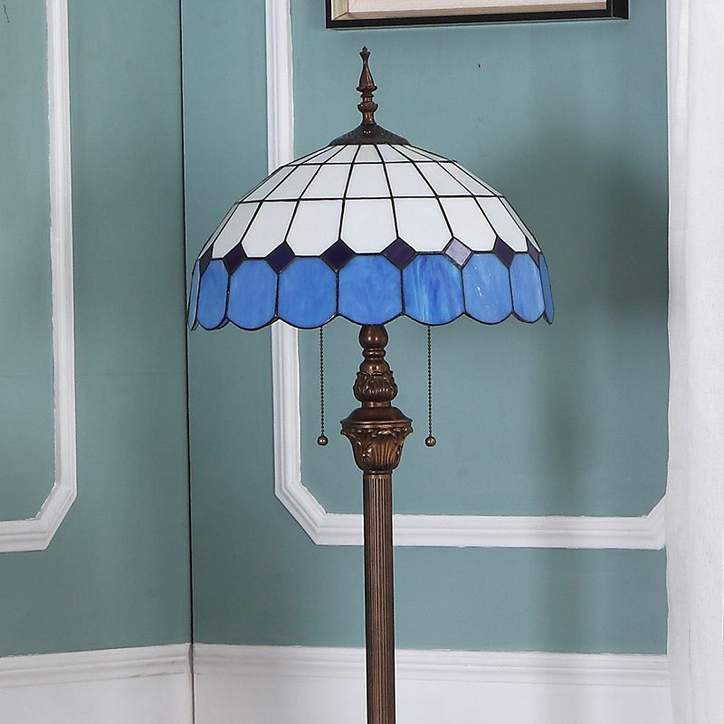 Scalloped Dome Floor Light 2 Bulbs Stained Art Glass Pull Chain Standing Lamp in Blue