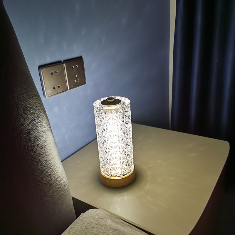 Crystal Glass Cylindrical Night Lamp Minimalist Gold LED Table Light for Living Room