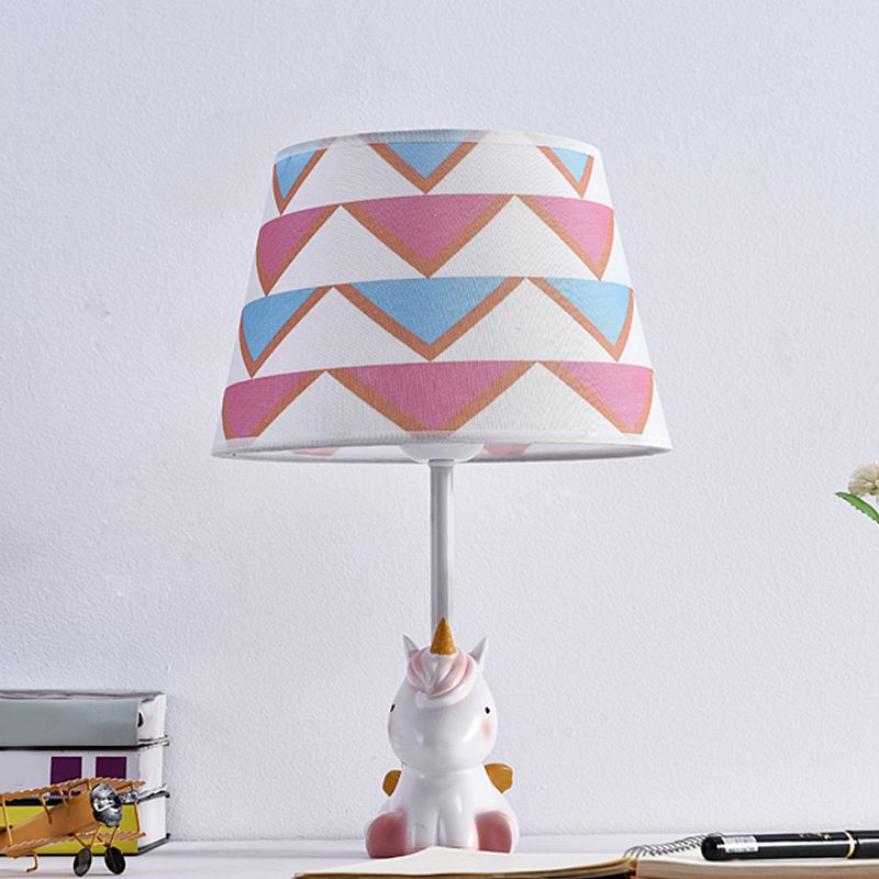 Fabric Cone Reading Lamp Cartoon 1 Light White/Pink/Blue Table Light with Rainbow Unicorn Base